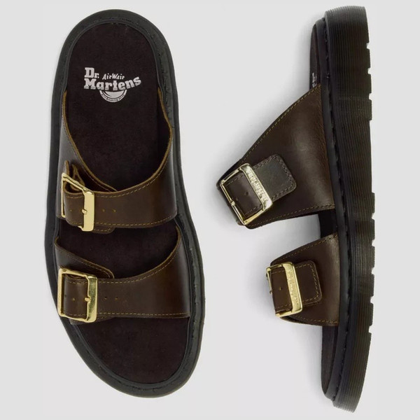 Dr Martens Josef Wyoming Leather Slide Sandals Olive - Two Sandals from Above