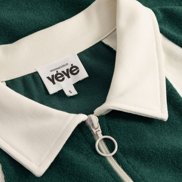 Contrast collar on Mademoiselle Yeye Retro 70s Jam Jam Towelling Top in Green