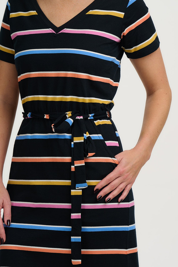 Sugarhill Mara Cocktail Stripe V-Neck Midi Dress in Black - Dress Close Up