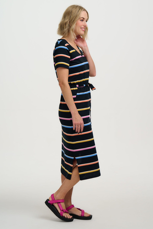 Sugarhill Mara Cocktail Stripe V-Neck Midi Dress in Black - Model Full Length Side View
