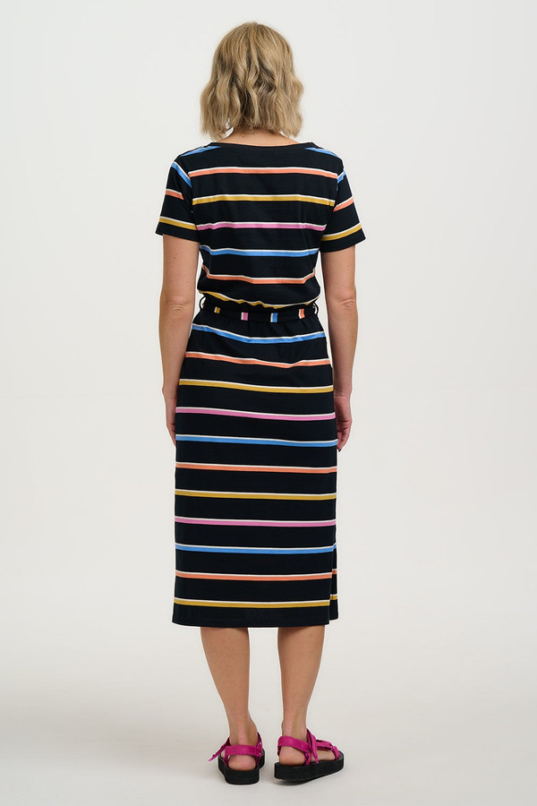 Sugarhill Mara Cocktail Stripe V-Neck Midi Dress in Black - Model Full Length Back View
