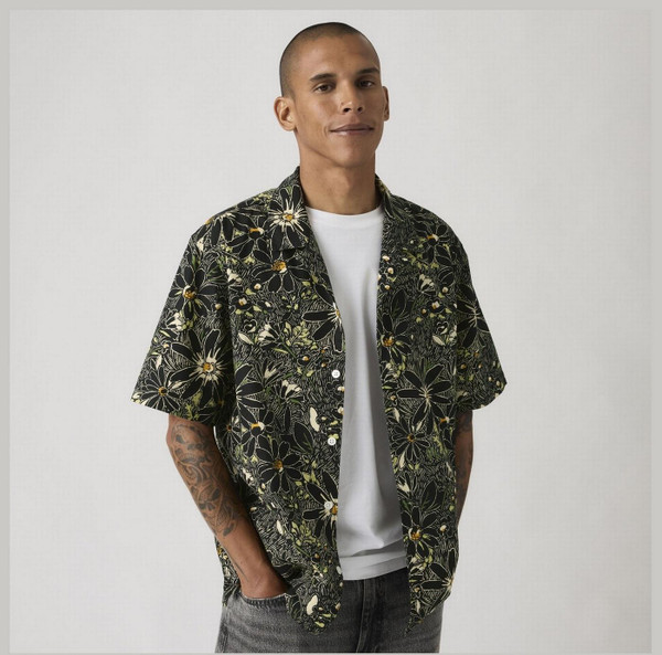 Levi's Sunset Camp Hatch Floral 50s Resort Shirt in Black - Model Front Image Unbuttoned