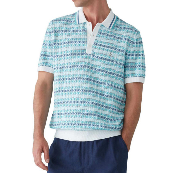 Model Wearing Original Penguin Retro 50s Textured Jacquard Knit Americana Polo Shirt in Bright White