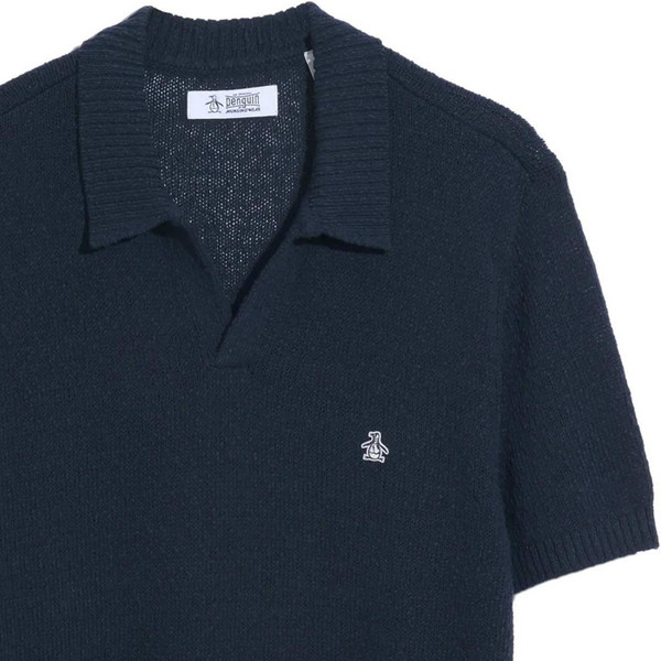 Original Penguin Men's Mod Textured Knit Johnny Collar Polo Shirt in Dark Sapphire - Sleeve Detail
