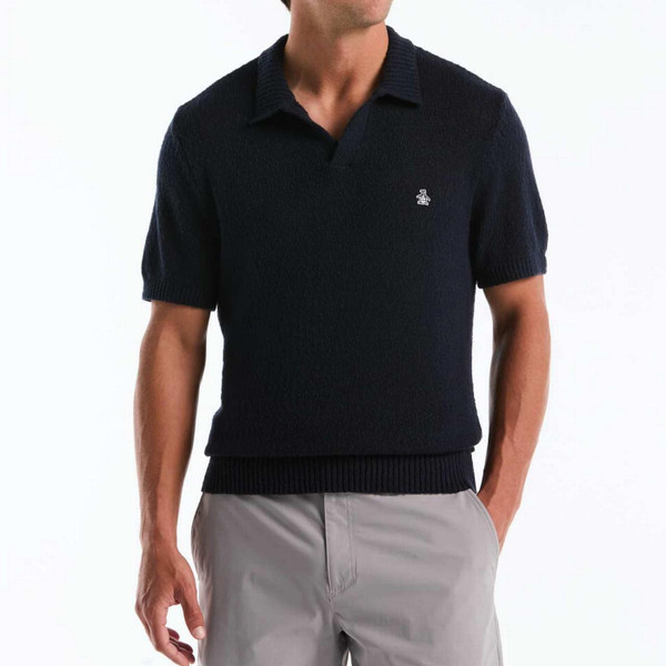 Original Penguin Men's Mod Textured Knit Johnny Collar Polo Shirt in Dark Sapphire - Front View