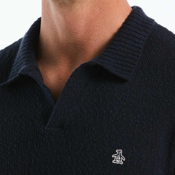 Original Penguin Men's Mod Textured Knit Johnny Collar Polo Shirt in Dark Sapphire - Collar Detail