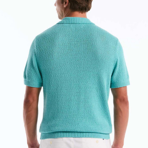 Original Penguin Men's Retro Textured Slub Knitted Johnny Collar Polo Shirt in Aqua - Back View