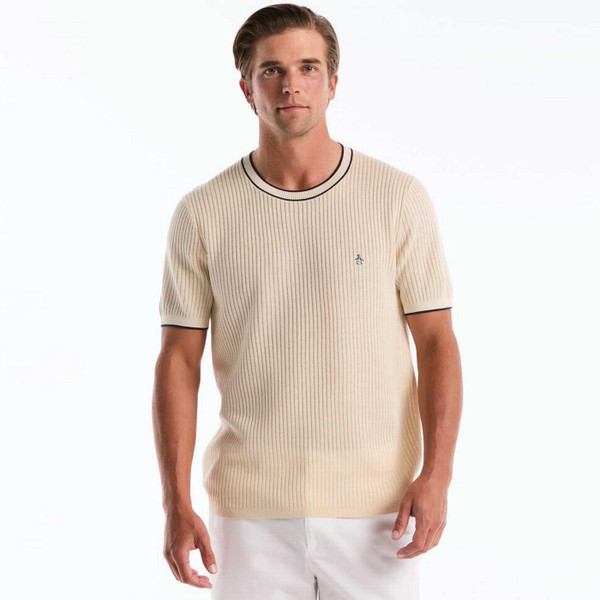 Model Wearing Original Penguin Men's Mod Tipped Ribbed Sweater T-shirt in Birch