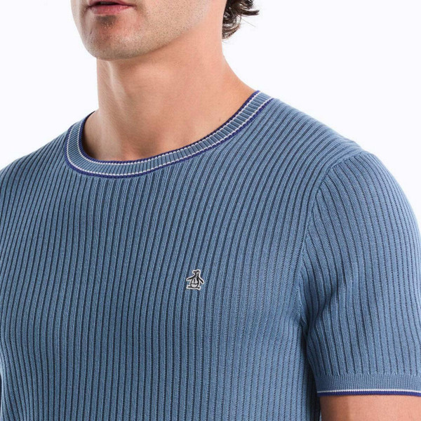 Original Penguin Men's Mod Ribbed Knit Tipped Sweater T-shirt in Copen Blue - Collar Detail