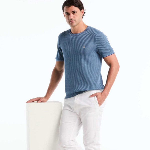 Model Wearing the Original Penguin Men's Mod Ribbed Knit Tipped Sweater T-shirt in Copen Blue
