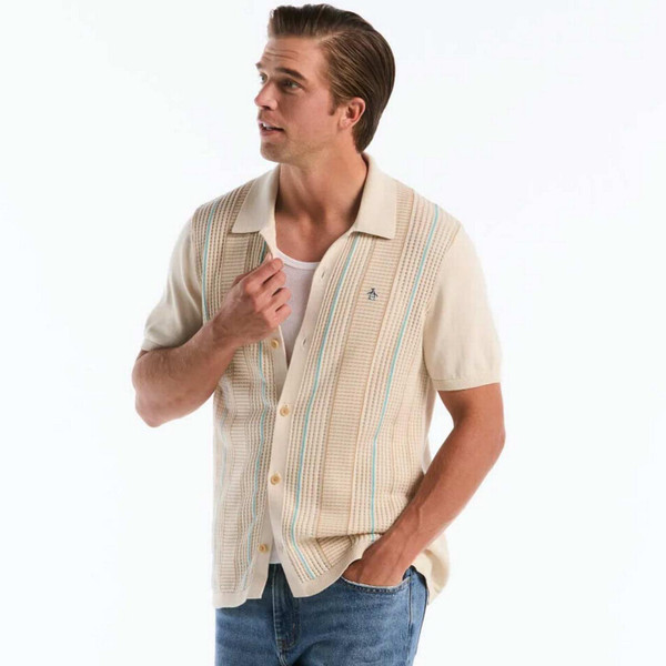 Model Wearing Original Penguin Men's Retro 50s Textured Jacquard Shirt in Birch - Front View