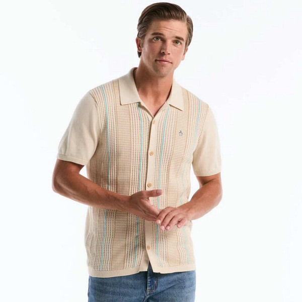 Model Wearing Original Penguin Men's Retro 50s Textured Jacquard Shirt in Birch