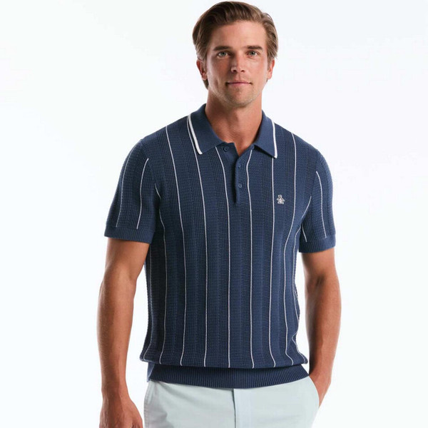Original Penguin Men's Mod Vertical Mesh Stripe Polo Shirt in Sargasso Sea