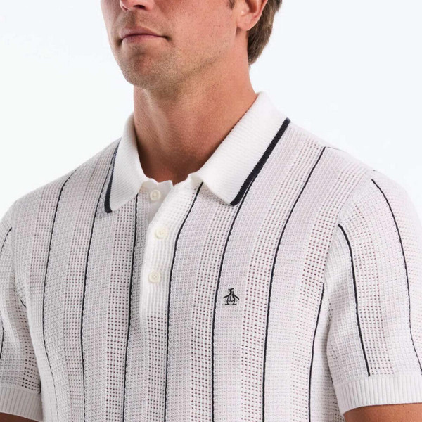 Original Penguin Men's Mod Vertical Mesh Stripe Knitted Polo Shirt in Bright White - Fabric Detail