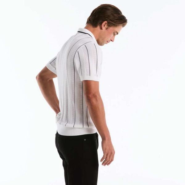 Original Penguin Men's Mod Vertical Mesh Stripe Knitted Polo Shirt in Bright White - Side View