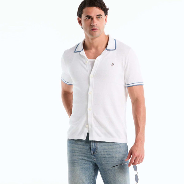 Model Wearing the Original Penguin Men's Retro Seed Stripe Knitted Resort Collar Shirt in Bright White