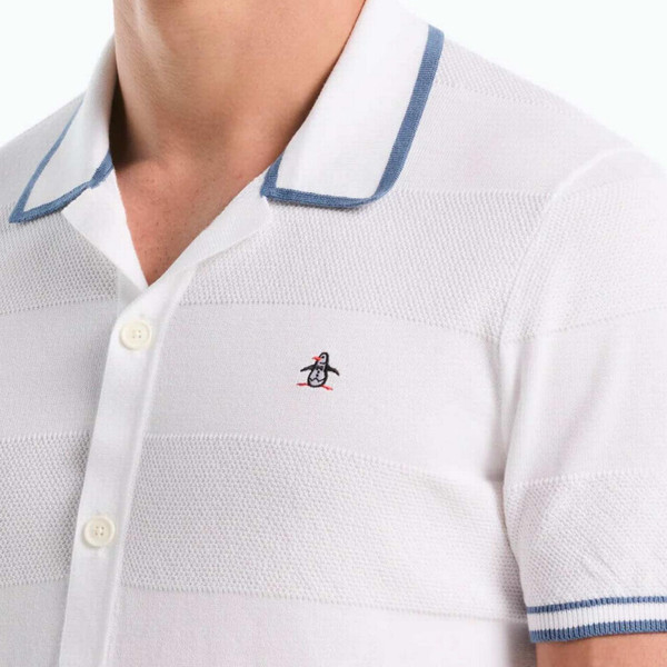 Original Penguin Men's Retro Seed Stripe Knitted Resort Collar Shirt in Bright White - Collar Detail