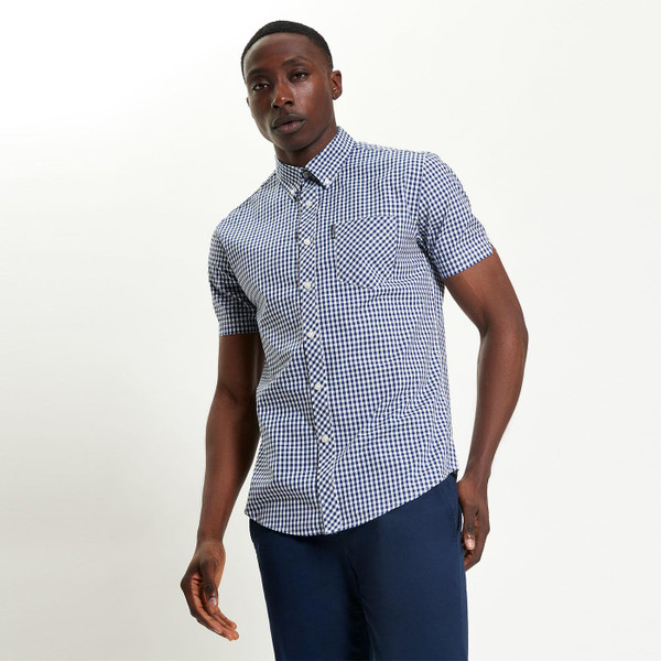Ben Sherman Signature Short Sleeve Gingham Shirt in Dark Blue 1012491 026 Model Photo Front