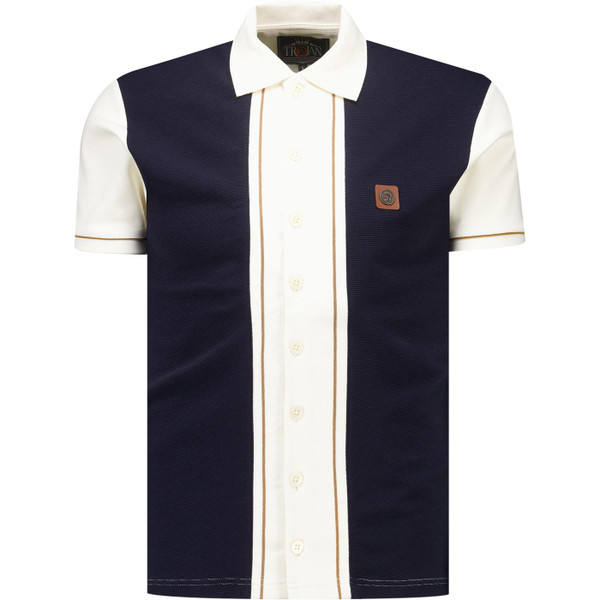 Trojan Records Clothing Mens Ottoman Panel Button Through Polo T-Shirt in Ecru