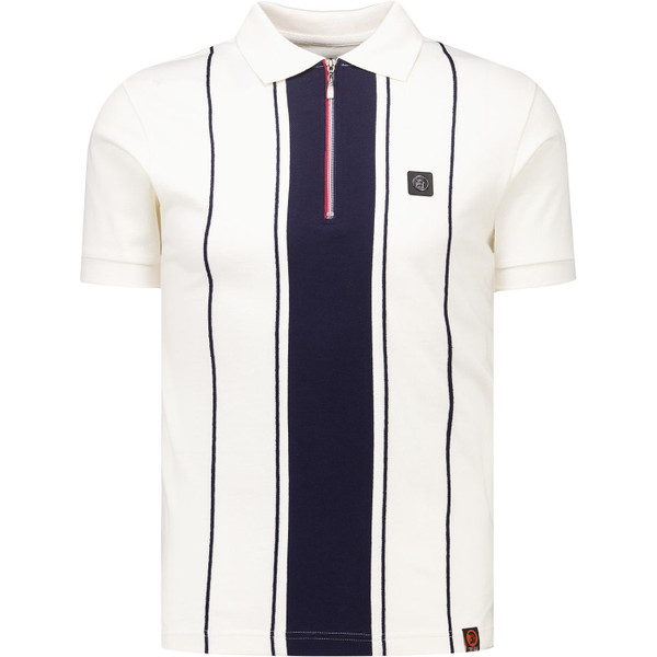 Trojan Records Clothing Mens Chain Stitch Zip Pique Polo T-Shirt in Ecru