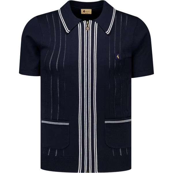 Gabicci Vintage Mens Geller Striped Zip Through Polo T-Shirt in Navy