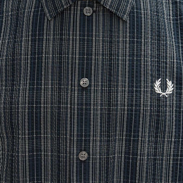 Fred Perry Men's Mod Short Sleeve Seersucker Check Shirt in Navy - Fabric Detail