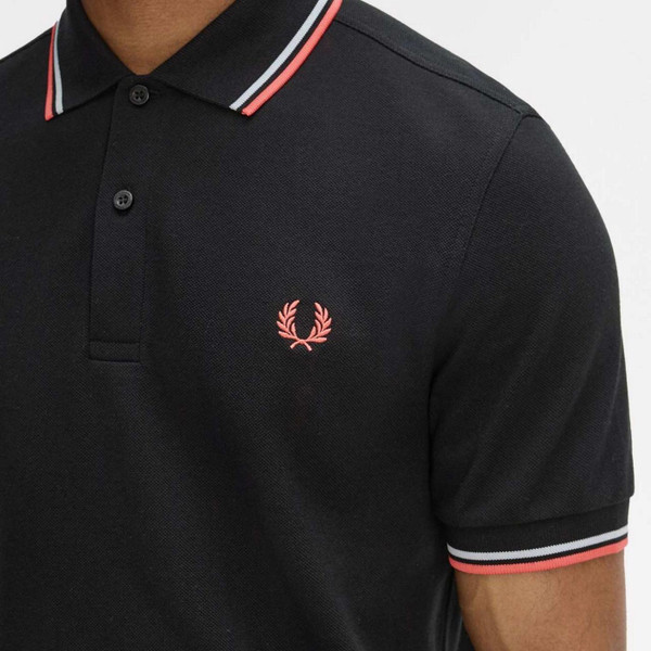 Fred Perry M3600 Classic Mod Twin Tipped Pique Polo Shirt in Black, Dusky Blue and Strawberry Cream - Front Collar