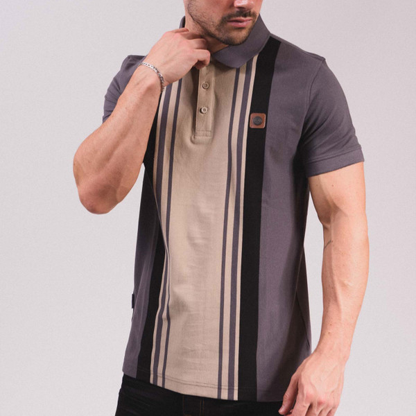 Man wearing Lambretta Mens Yarn Dyed Vertical Stripe Classic Pique Polo T-Shirt in Iron Grey
