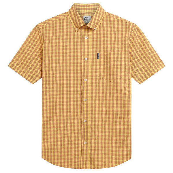 Ben Sherman Men's Mod Short Sleeve Button Down Linear Gingham Check Shirt in Zest