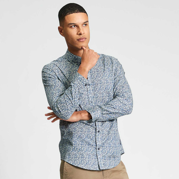 Model Wearing Ben Sherman Men's Mod Long Sleeve Floral Print Shirt in Indigo - Front View