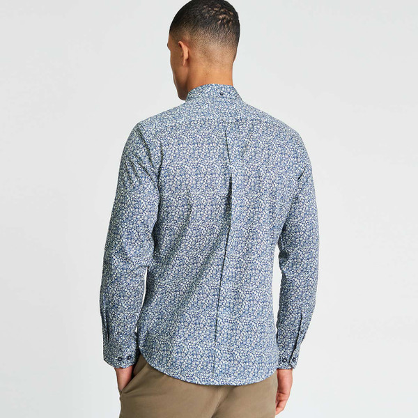Model Wearing Ben Sherman Men's Mod Long Sleeve Floral Print Shirt in Indigo - Back View