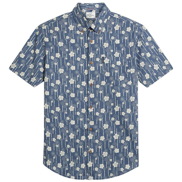 Ben Sherman Men's Retro Short Sleeve Floral Bamboo Print Shirt in Indigo
