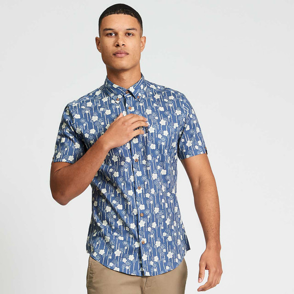 Model Wearing Ben Sherman Men's Retro Short Sleeve Floral Bamboo Print Shirt in Indigo - Front View