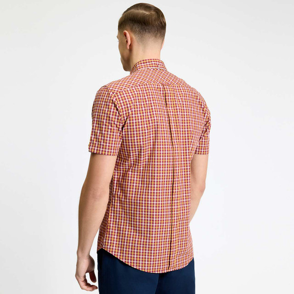 Model Wearing Ben Sherman Men's Mod Short Sleeve House Check Shirt in Cherry - Back View