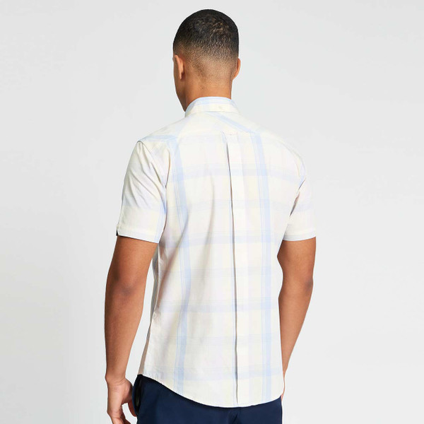 Model Wearing Ben Sherman Men's Mod Button Down Short Sleeve Block Stripe Shirt in Ivory - Back View