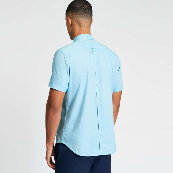 Model Wearing Ben Sherman Men's Mod Shirt Sleeve Signature Oxford Shirt in Blue - Back View