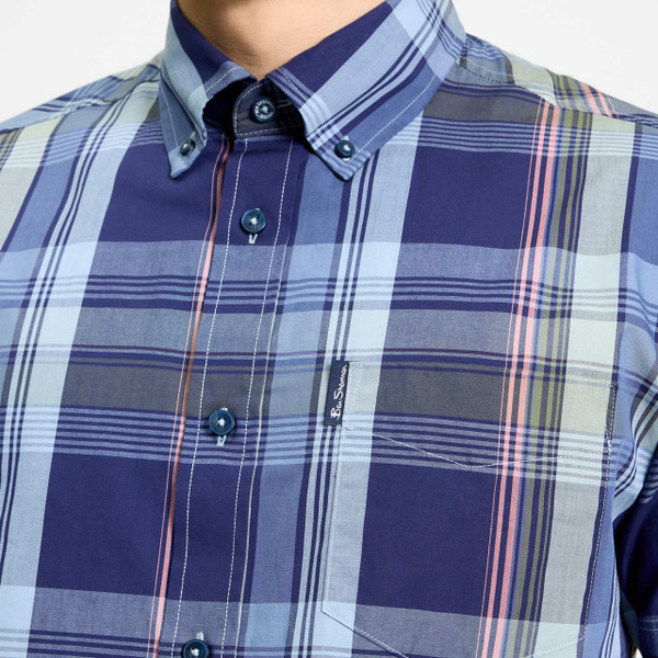Ben Sherman Men's Mod Block Check Button Down Shirt Denim - Collar and Check detail.