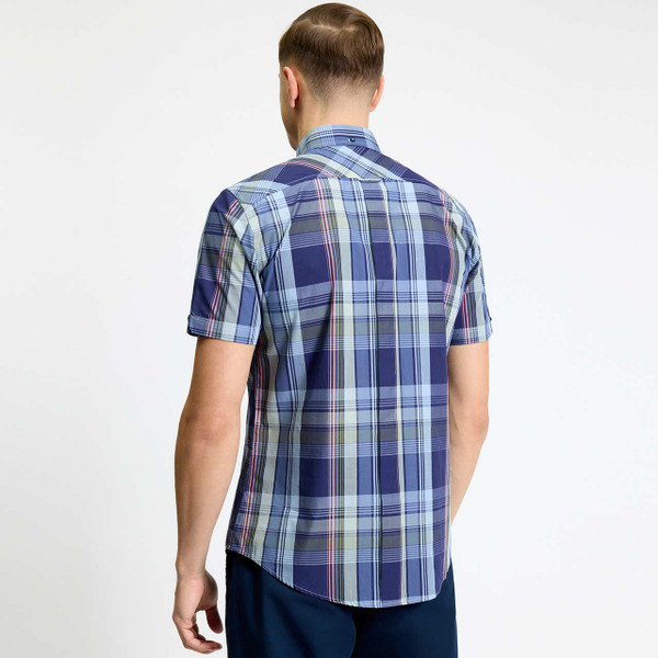 Back View of Model Wearing the Ben Sherman Men's Mod Block Check Button Down Shirt Denim
