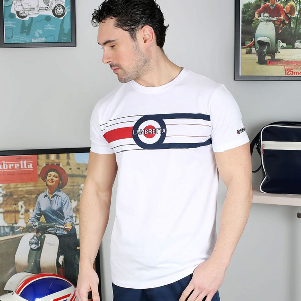 Man wearing Lambretta Mens Mod Target Band Chest Graphic T-Shirt in White