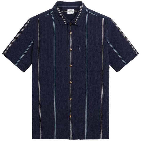 Ben Sherman Men's Retro Seersucker Stripe Mod Short Sleeve Shirt in Navy
