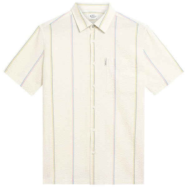 Ben Sherman Seersucker Stripe Mod Short Sleeve Shirt in Ivory