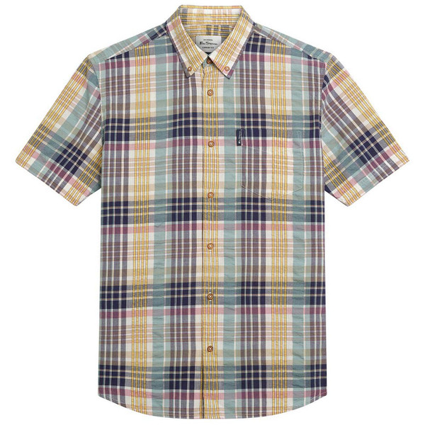 Ben Sherman Men's Mod Seersucker Check Button Down Short Sleeve Shirt in Aqua