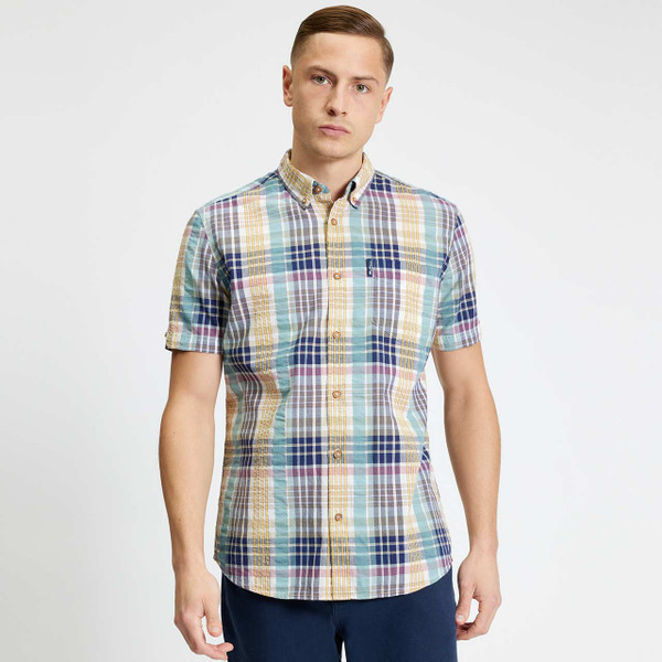Model Wearing the Ben Sherman Men's Mod Seersucker Check Button Down Short Sleeve Shirt in Aqua