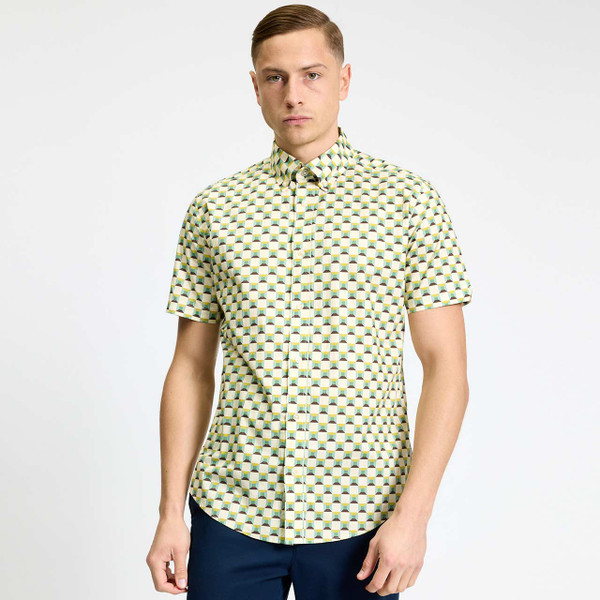 Model Wearing the Ben Sherman Men's 3D Geo Square Print Retro Shirt in Sage