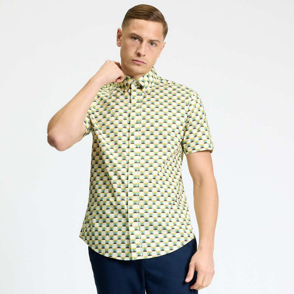 Man wearing Ben Sherman Men's 3D Geo Square Print Retro Shirt in Sage