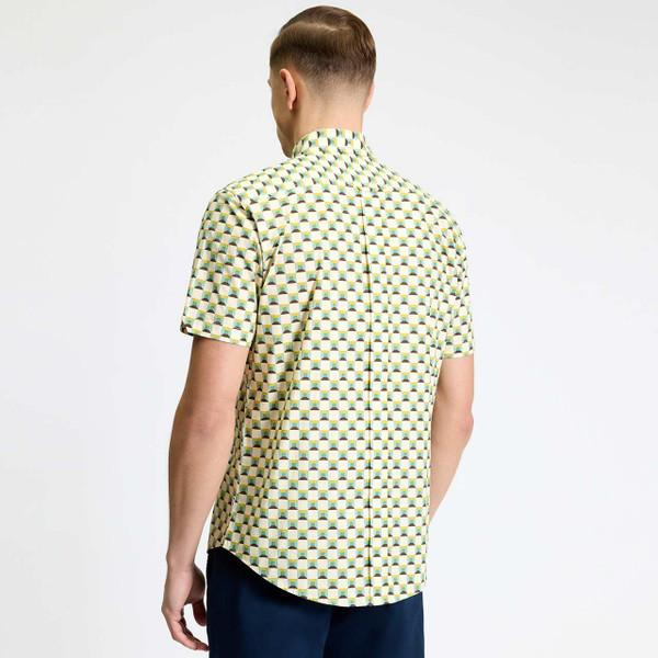 Back of the Ben Sherman Men's 3D Geo Square Print Retro Shirt in Sage worn by model