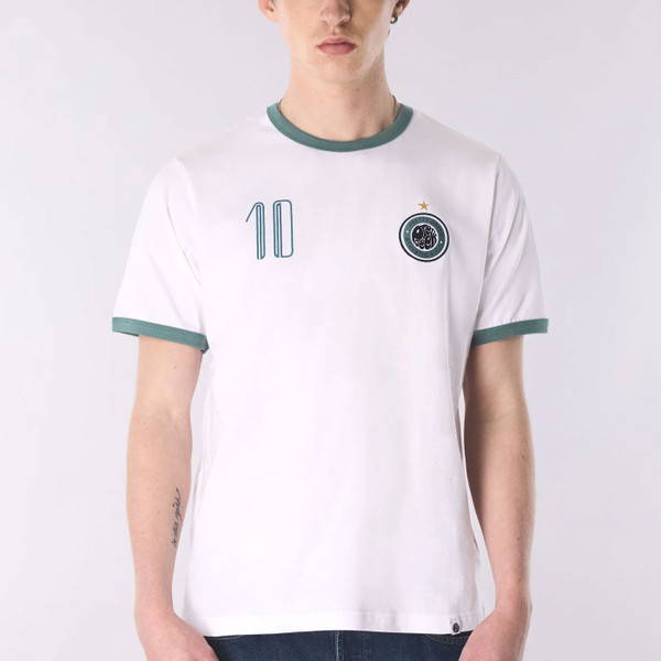 Man wearing Pretty Green Outro Football Ringer T-shirt in White