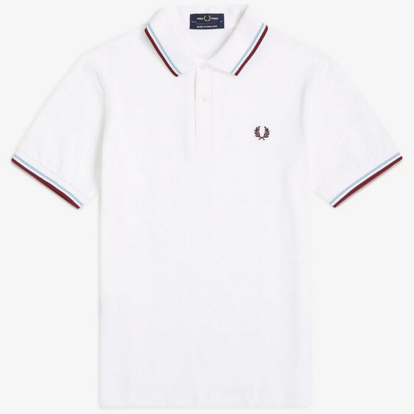 Fred Perry M12 Made In England Twin Tipped Polo in White/Light Ice - Front Image Flat Main 