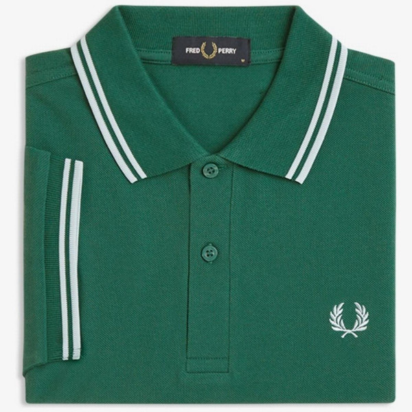 Fred Perry M3600 Mod Twin Tipped Polo Shirt in Sport Green/Light Ice - Shirt Folded Image 