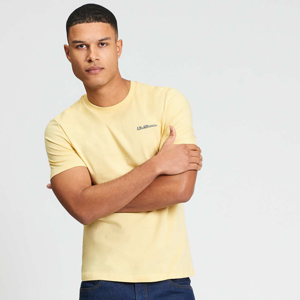 Man Wearing Ben Sherman Men's Retro Signature Logo Crew Neck T-shirt in Butterscotch - Front View